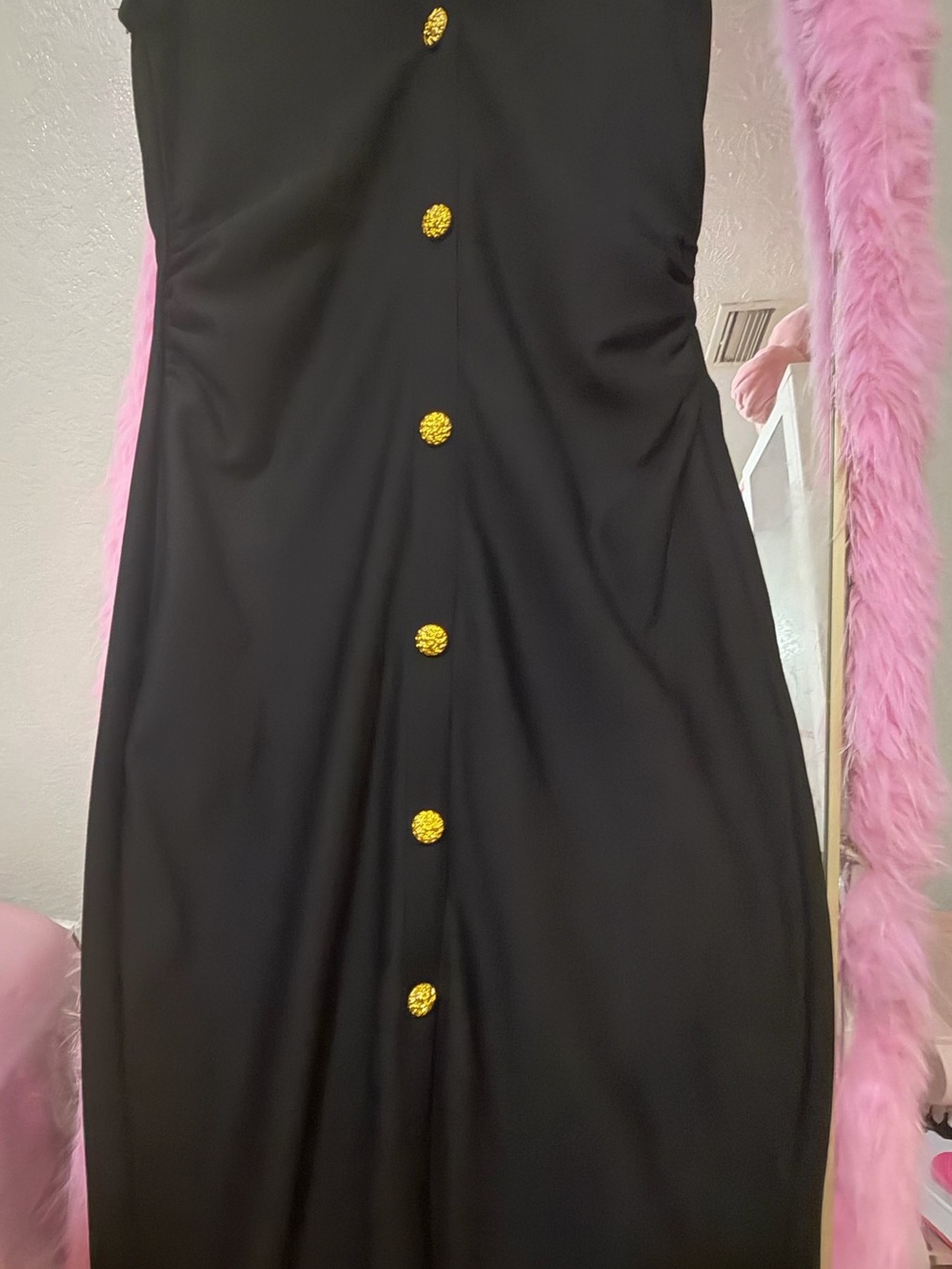 Active USA Black Strapless Dress with Gold Accent Buttons